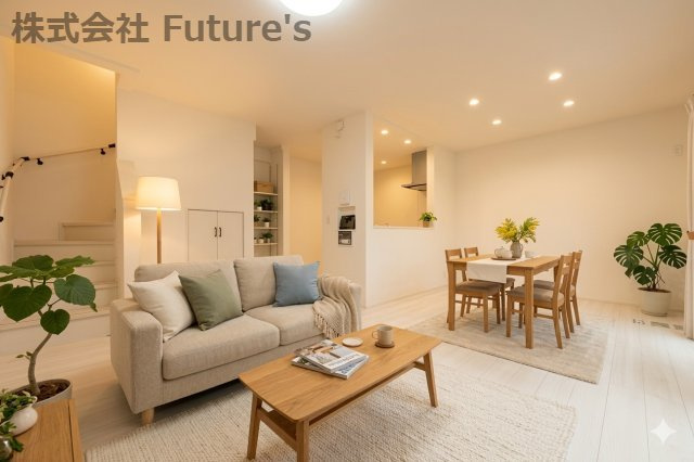 八潮市八潮7丁目　新築戸建　全2棟　1号棟の居間・リビング|現況の物件写真にCGによる画像処理を行っています。家具、家電、小物、カーテン等はイメージはCGです。