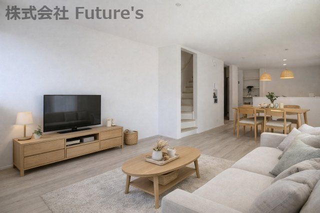 八潮市八潮7丁目　新築戸建　全2棟　2号棟の居間・リビング|現況の物件写真にCGによる画像処理を行っています。家具、家電、小物、カーテン等はイメージはCGです。