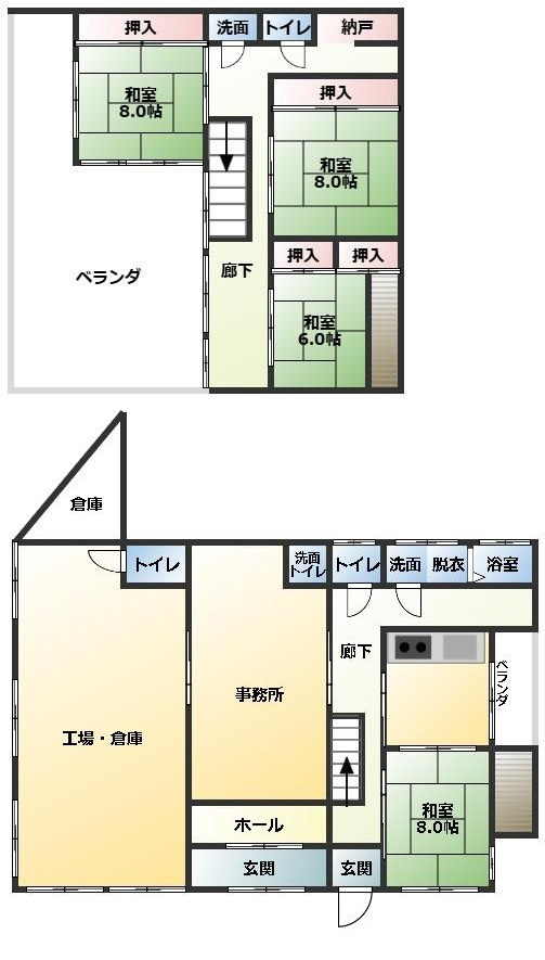 小山市羽川、事務所、作業所付き中古住宅の間取り
