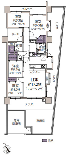 【間取り】 | エイリックタウン箱崎公園ファミリア ＥＡＳＴ | 大家族でもゆとりで暮らせる85平米超えの4LDKです。充実した収納に専用庭付で戸建て感覚が味わえます