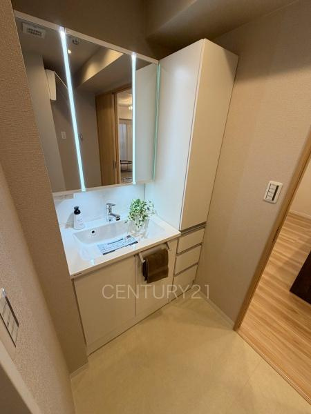 エクレール高崎の独立洗面台|三面鏡付きの洗面台には鏡の裏に収納があり、すっきり片付けられます。
洗髪も可能な伸縮機能つきシャワーヘッドです。