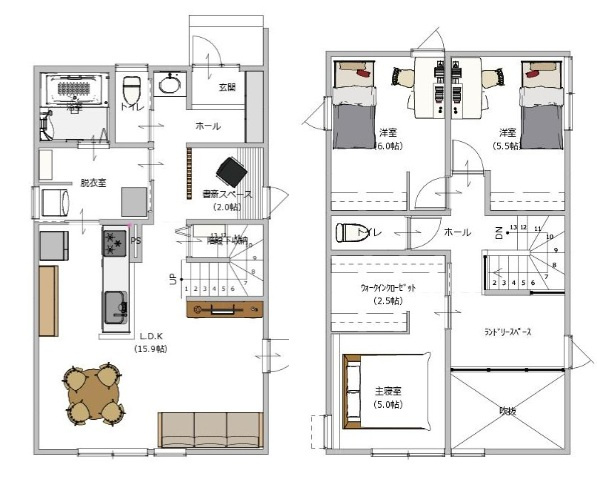 南国市篠原　新築戸建の間取り|3LDK+ランドリースペース+WIC+書斎スペース