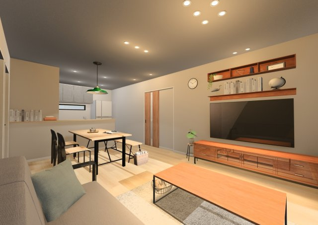 高知市瀬戸西町　建築条件付き土地（平屋プラン）の完成予想図|家族の笑顔がつながる心地よい空間が広がります。