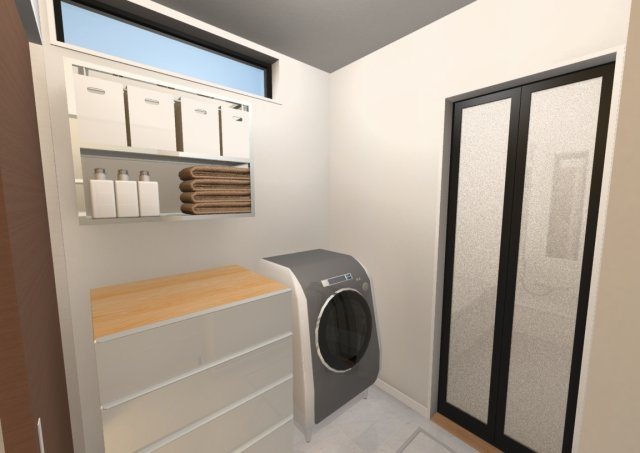 高知市瀬戸西町　建築条件付き土地（平屋プラン）の完成予想図|ゆとりある脱衣室はタオルなど収納も可能です☆