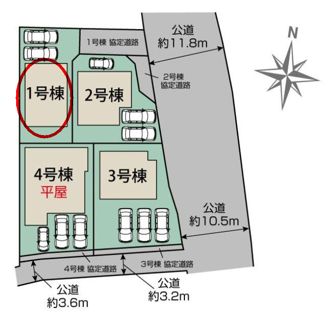 ブルーミングガーデン前橋市北代田町　1号棟の区画図|駐車場３台ご用意しています！来客時も重宝します♪
前面道路も広く車の出し入れもしやすいです！