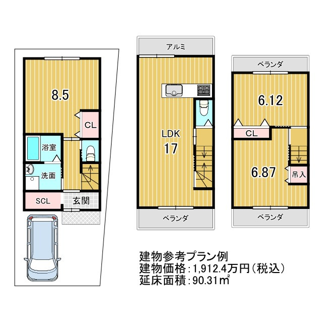 京都市北区大宮北林町　建築条件付き売土地の土地図|【建物参考プラン例】建物価格：1912.4万円（税込）、延床面積：90.31㎡
