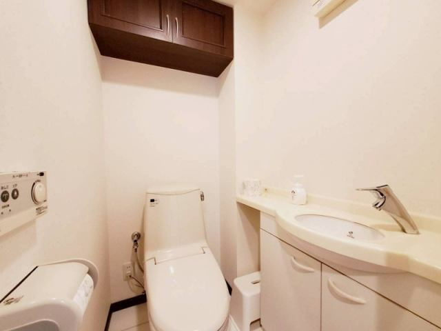 高知市鷹匠町１丁目　フローレンス鷹匠のトイレ|手洗いカウンターや収納棚もあり、清潔感と機能性を兼ね備えた空間です