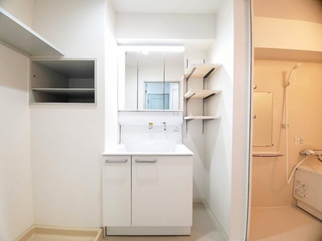 高知市九反田　中古マンションの独立洗面台|収納棚も多く、タオルや日用品をスッキリ整理できます