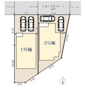 【区画図】 | 伊勢原市沼目2丁目 2号棟 | ２号棟　北側10.4m道路　カースペース２台（車種による）