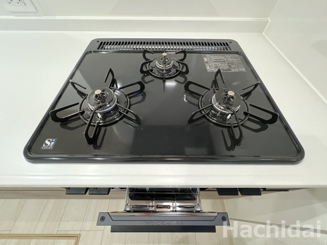 高浜市呉竹町4期2棟　新築一戸建のキッチン|お料理好きには必須の三口コンロとグリル付きのお掃除がしやすいシステムキッチンです♪
