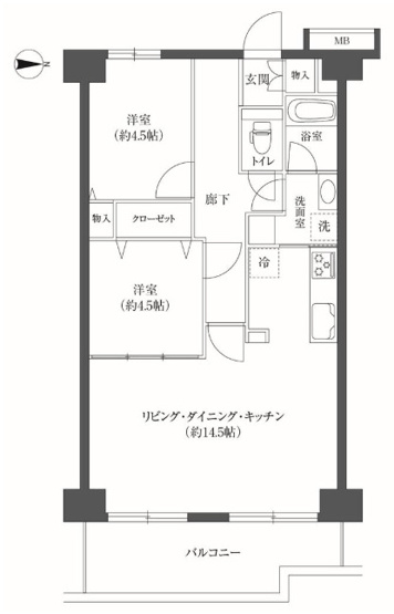 【間取り】 | エクセラート平野A棟 | 【全洋室2LDK＋東向きバルコニー☆専用庭付き☆】室内水廻り設備一新！全面リフォーム済み☆家事動線確保、便利な2WAYキッチンです♪