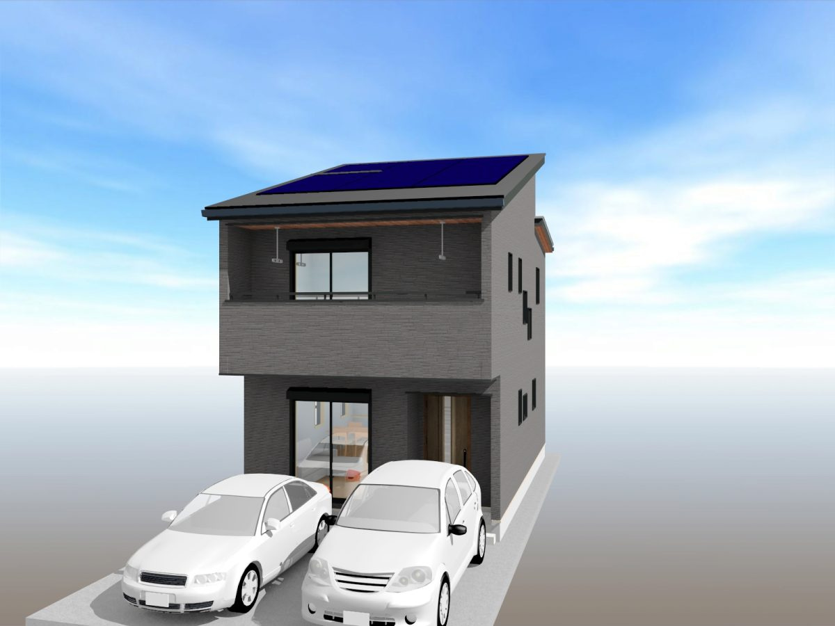 高知市百石町２丁目（3号地） 新築住宅の外観|【高知市百石町2丁目】桟橋通二丁目電停徒歩7分。太陽光6kW搭載＆ガス床暖房・乾太くん付きで快適生活！省令準耐火・フラット35S対応の安心設計。駐車2台可、照明・カップボード・EV充電設備も！