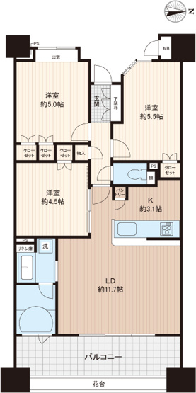 【全居室5帖以上・収納充実の3LDK】
 廊下を最小限に抑え、居住スペースを広く確保した効率的なレイアウト。全室にクローゼットを備え、リビング横の洋室を開放すれば約16.2帖としても利用可能です。