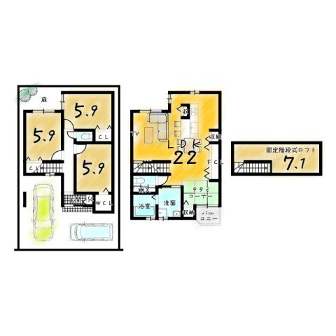 山ノ内苗町　新築参考プランB　建築条件付土地の区画図|【土地2800万円　建物2199万円】建物価格2199万円、建物面積91.34m2