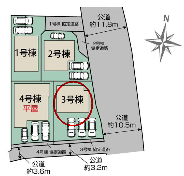 ブルーミングガーデン前橋市北代田町　3号棟の区画図|駐車場３台ご用意しています！来客時も重宝します♪
前面道路も広く車の出し入れもしやすいです！