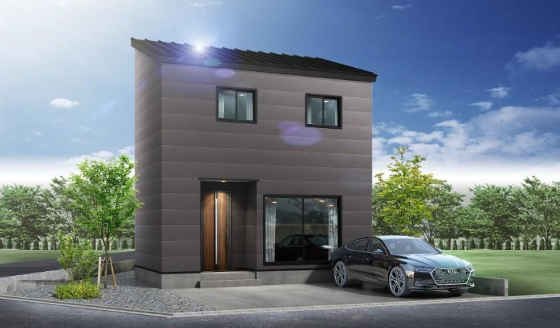 高知市旭天神町　新築一戸建ての外観パース|スタイリッシュな外観。大きな窓から光が広がる住空間。