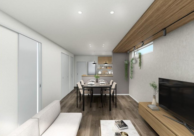 高知市旭天神町　新築一戸建ての完成予想図|縦に広がる開放的なLDK。自然光がやさしく差し込む暮らし。