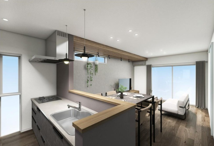 高知市旭天神町　新築一戸建ての完成予想図|大きな窓が光を取り込み、家族がゆったり過ごせるLDKです。