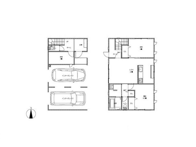 高知市朝倉己　新築一戸建ての間取り|２台分のビルトインガレージ☆２階リビングで解放感のある空間が広がります。