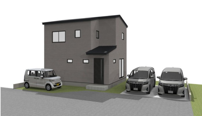 高知市神田（船岡）東棟　売り土地の外観パース|落ち着いた色合いのシンプルモダン外観。駐車3台可能。来客時も安心の駐車スペース