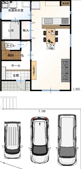 高知市福井町ひだまりタウン福井町（建築条件付き）売土地の参考プラン|18帖のゆとりあるリビング＋駐車3台可能