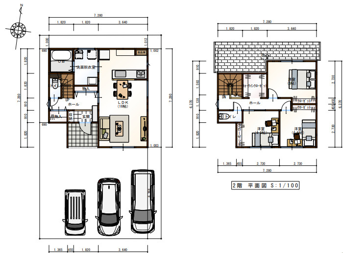 高知市福井町ひだまりタウン福井B号地　建築条件付き売土地の参考プラン|家事がしやすい生活動線と充実の収納計画が魅力。車3台のゆとりある敷地で暮らしやすさUP。