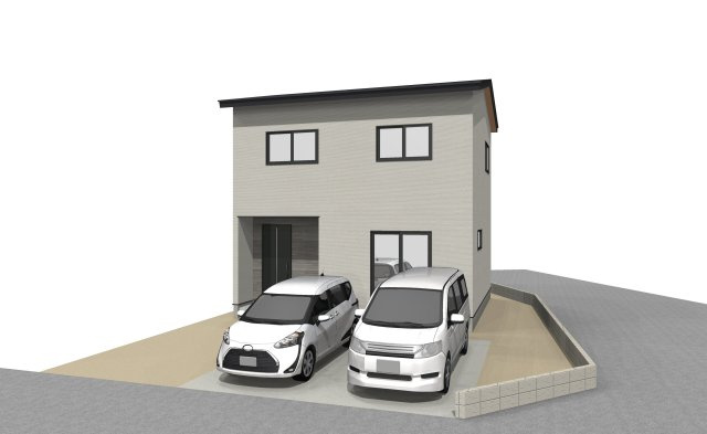 高知市福井町A号地　売地（建築条件付き）の外観パース|落ち着いた外壁カラーで街並みに調和しつつ、玄関まわりの木目アクセントがさりげなくおしゃれ。