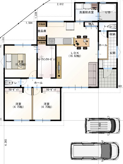 香美市土佐山田町C号地　新築一戸建ての間取り|回遊できる家事ラク動線の平屋。WICや食品庫付きで収納充実。