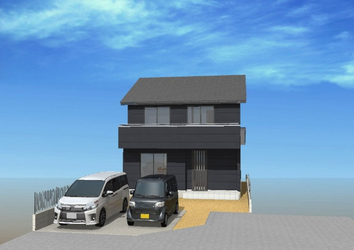 高知市薊野東町4号地　新築一戸建ての完成予想図|重厚感のあるブラック外観が映える、シンプルモダンな住まい