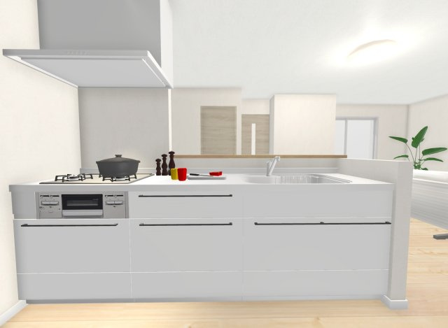 太秦野元町　新築参考プラン　建築条件付土地の完成予想図|【新築参考プラン：キッチンパース図】
自由設計のおうちは間取りだけでなく外壁や内装のお色味も変更可能！
お客様のご理想をお聞かせ下さい♪
【建物価格1999万円、建物面積93.97m2】