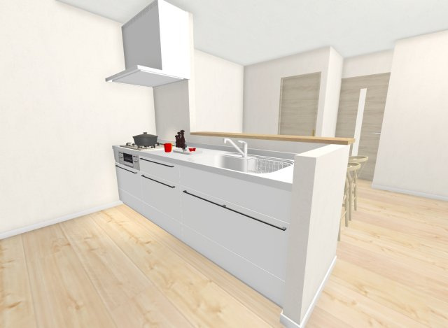 太秦野元町　新築参考プラン　建築条件付土地の完成予想図|【新築参考プラン：キッチンパース図】
自由設計のおうちは間取りだけでなく外壁や内装のお色味も変更可能！
お客様のご理想をお聞かせ下さい♪
【建物価格1999万円、建物面積93.97m2】