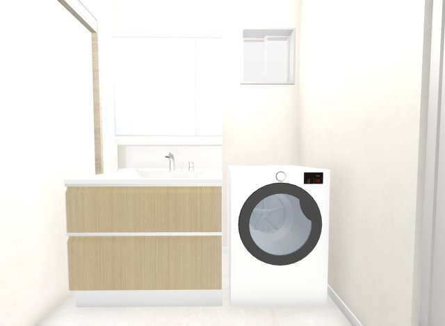 太秦野元町　新築参考プラン　建築条件付土地の完成予想図|【新築参考プラン：洗面化粧台パース図】
自由設計のおうちは間取りだけでなく外壁や内装のお色味も変更可能！
お客様のご理想をお聞かせ下さい♪
【建物価格1999万円、建物面積93.97m2】