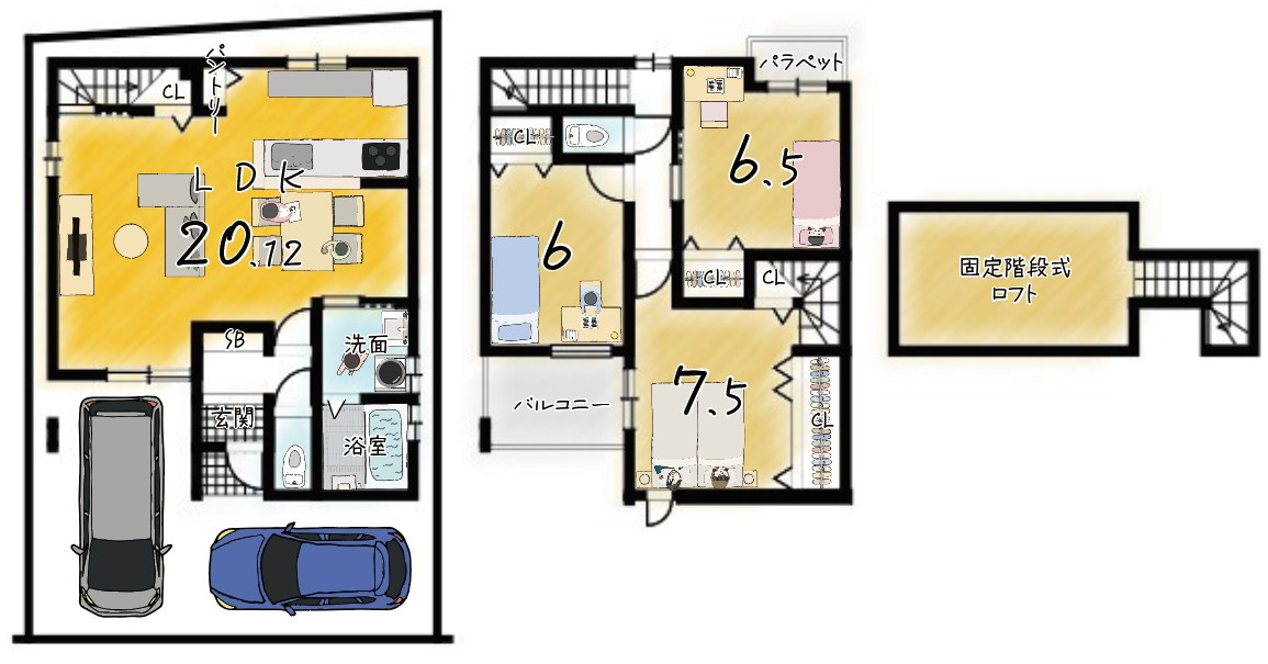 太秦野元町　新築参考プラン　建築条件付土地の土地図＋建物プラン例