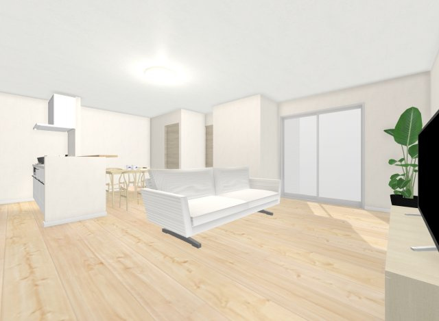 太秦野元町　新築参考プラン　建築条件付土地の完成予想図|【新築参考プラン：リビングパース図】
自由設計のおうちは間取りだけでなく外壁や内装のお色味も変更可能！
お客様のご理想をお聞かせ下さい♪
【建物価格1999万円、建物面積93.97m2】