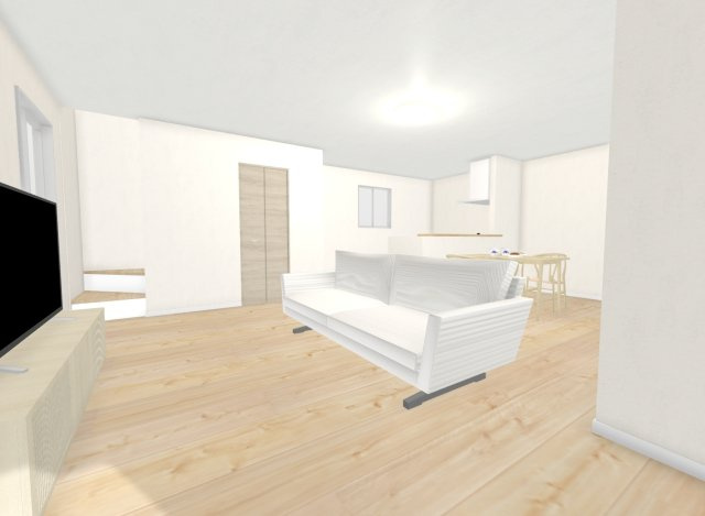 太秦野元町　新築参考プラン　建築条件付土地の完成予想図|【新築参考プラン：リビングパース図】
自由設計のおうちは間取りだけでなく外壁や内装のお色味も変更可能！
お客様のご理想をお聞かせ下さい♪
【建物価格1999万円、建物面積93.97m2】