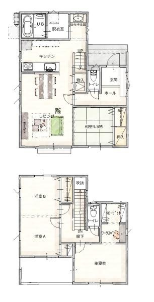 オリーブタウン原水駅東Ⅶの間取り|水回りをまとめ、家事動線の良い間取りです。