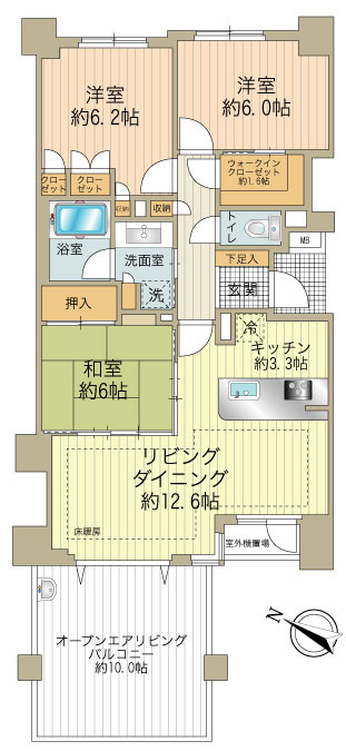 全室6帖以上の３ＬＤＫ、廊下部分が少なく収納スペースが多めです。和室とリビングを一体としても利用できます