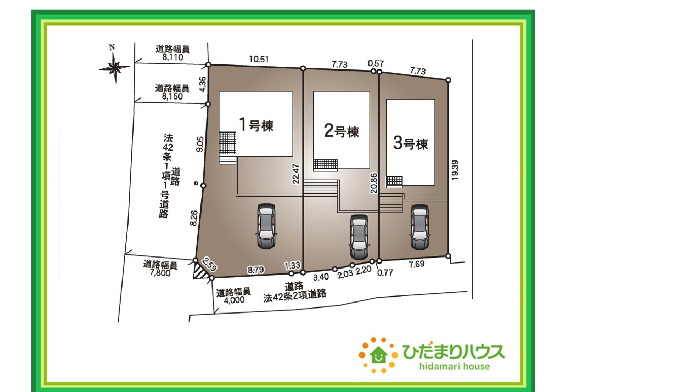 郡山市日和田　第23　2号棟の区画図|ゆったりとしたカースペースで、ファミリーカーや軽自動車もラクラク駐車出来ますね♪