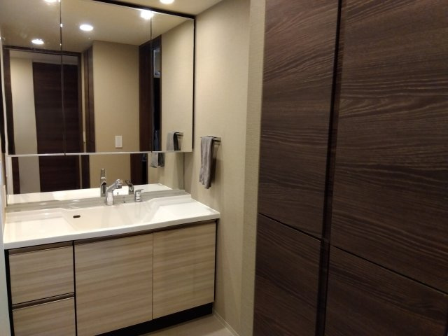 レーベン富士青葉通りプレジデンスタワー　富士市青島町の独立洗面台|独立洗面台があるので収納スペースも多くあります。鏡もあるので朝の支度にも便利です。