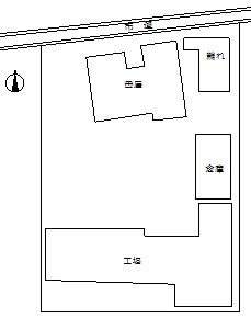 【区画図】 | 倉庫付き住宅　牧之原市大寄 | 母屋、離れ、倉庫、工場の配置図です