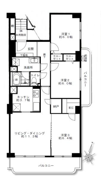 上用賀スカイマンションの間取り|販売価格：６，７９９万円　間取り：３ＬＤＫ