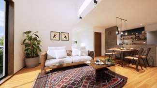 【完成予想図】 | 宇治市天神台2丁目　売土地　建築条件付き | アトリエ仕様では、高性能断熱材（吹付断熱）を採用しておりますので、ZEH水準に適合しています。気密性・断熱性に優れているため、冬はあたたかく、夏は涼しい快適な住環境を実現できます。