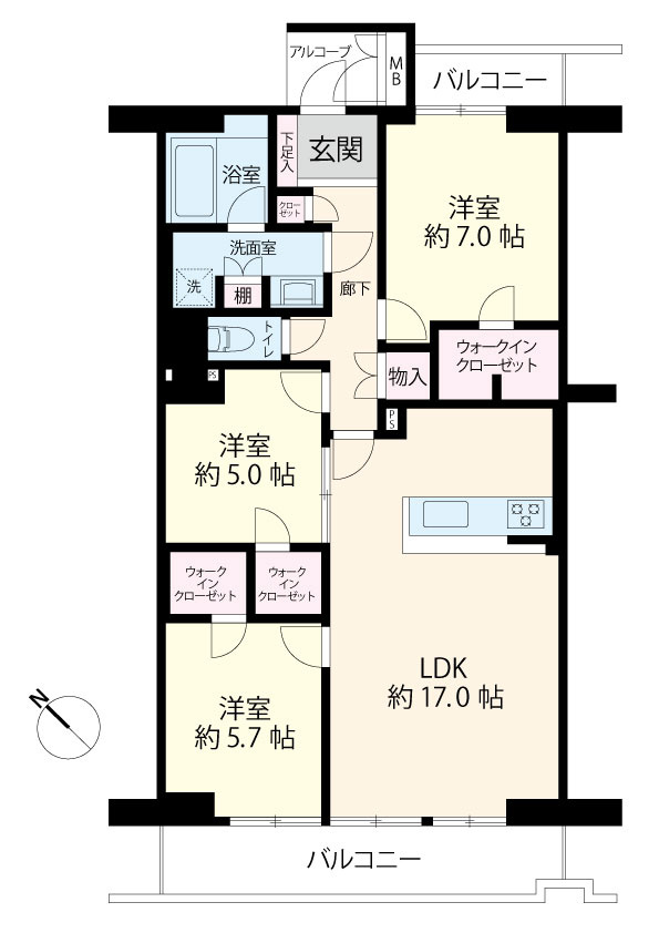 ワイドスパン真南向き、両面バルコニーのため陽当り・通風良好