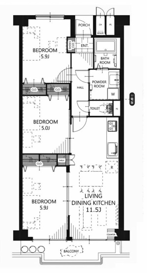 【間取り】 | ユニ宇治マンション3号館 | 専有面積65.46㎡