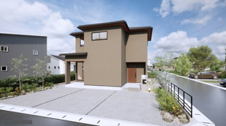 【外観パース】 | 宇治市折居台1丁目　2区画A号地　売土地　建築条件付き | お客様のお好みに合わせて、外観デザインも一緒に作り上げていきます。「ひと目で分かるアトリエの家」をコンセプトに、木・金属・吹抜けを組み合わせ”あなたらしさ”を表現できる外観づくりが可能です。