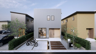 【外観パース】 | 宇治市折居台1丁目　2区画B号地　売土地　建築条件付き | お客様のお好みに合わせて、外観デザインも一緒に作り上げていきます。「ひと目で分かるアトリエの家」をコンセプトに、木・金属・吹抜けを組み合わせ”あなたらしさ”を表現できる外観づくりが可能です。