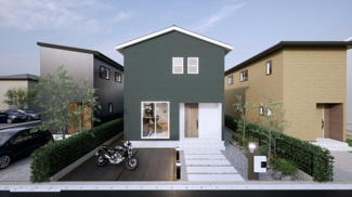 【外観パース】 | 宇治市折居台1丁目　2区画　B号地　売土地　建築条件付き | お客様のお好みに合わせて、外観デザインも一緒に作り上げていきます。「ひと目で分かるアトリエの家」をコンセプトに、木・金属・吹抜けを組み合わせ”あなたらしさ”を表現できる外観づくりが可能です。