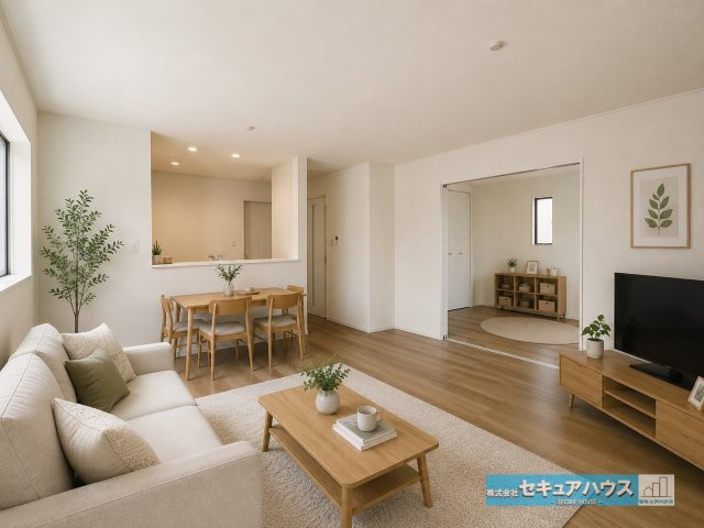 【本日ご案内可能】刈谷市築地町二丁目　全5棟の居間・リビング|【リビングに家具を配置したイメージ図】
◆LDK15帖に合わせて、6.5帖の洋室が続くため開放感があります。
◆シンプルなデザインのリビングのため、家具のレイアウトがしやすいのも魅力の1つです。　　　