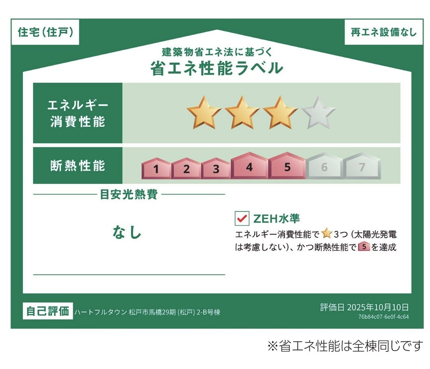 松戸市中和倉新築戸建【八ヶ崎小学校：10分】の省エネ性能ラベル|省エネ性能ラベル・ZEH水準