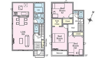 【間取り】 | 安佐北区亀崎2（下深川駅）全2区画　NO1 | 南向きの間取り☆18帖リビング☆2階3室☆ファミリータイプ3LDK☆クローゼット☆ウォークインクローゼット☆